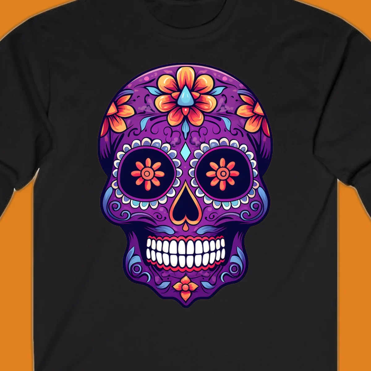 A vibrant floral sugar skull illustration in purple, orange, and blue with intricate patterns and white teeth.