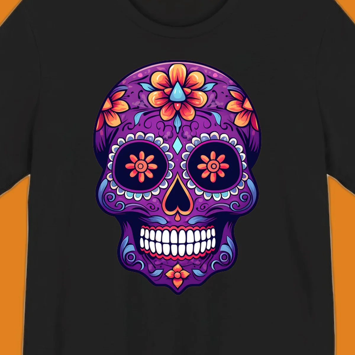 A vibrant floral sugar skull illustration in purple, orange, and blue with intricate patterns and white teeth.