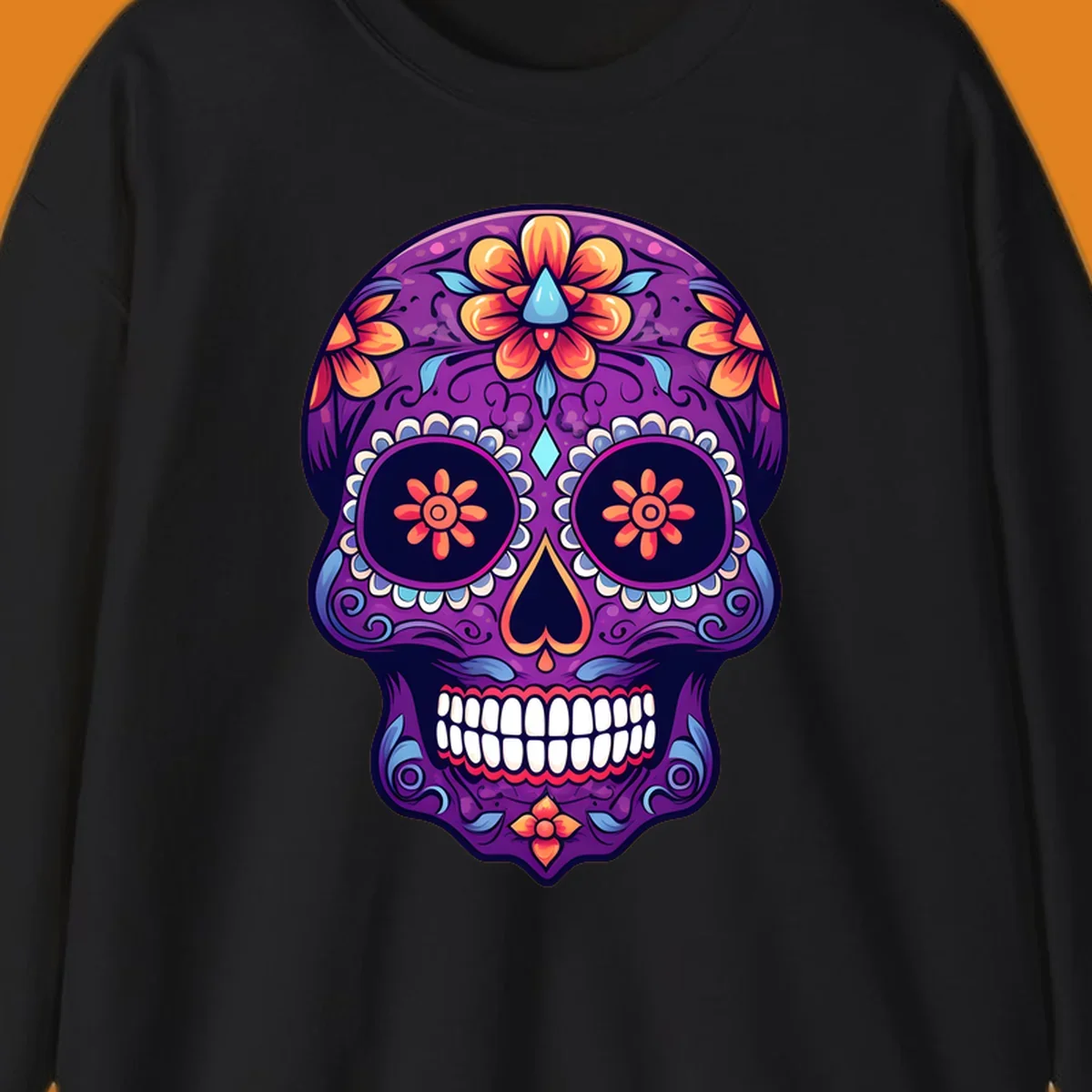 A vibrant floral sugar skull illustration in purple, orange, and blue with intricate patterns and white teeth.