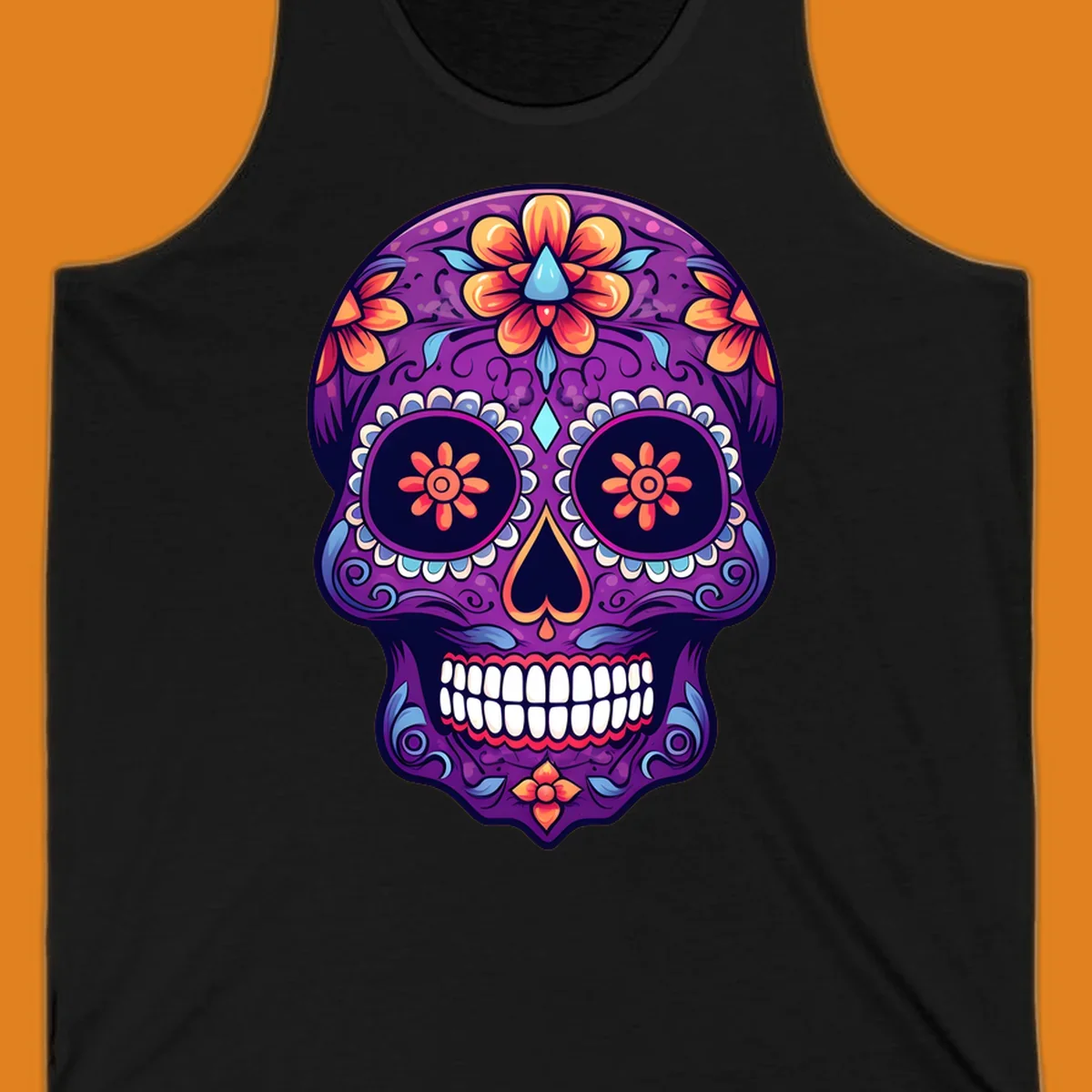 A vibrant floral sugar skull illustration in purple, orange, and blue with intricate patterns and white teeth.