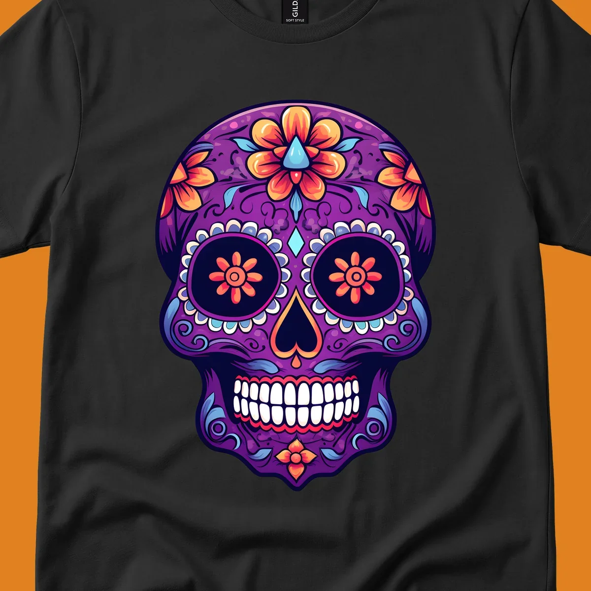 A vibrant floral sugar skull illustration in purple, orange, and blue with intricate patterns and white teeth.