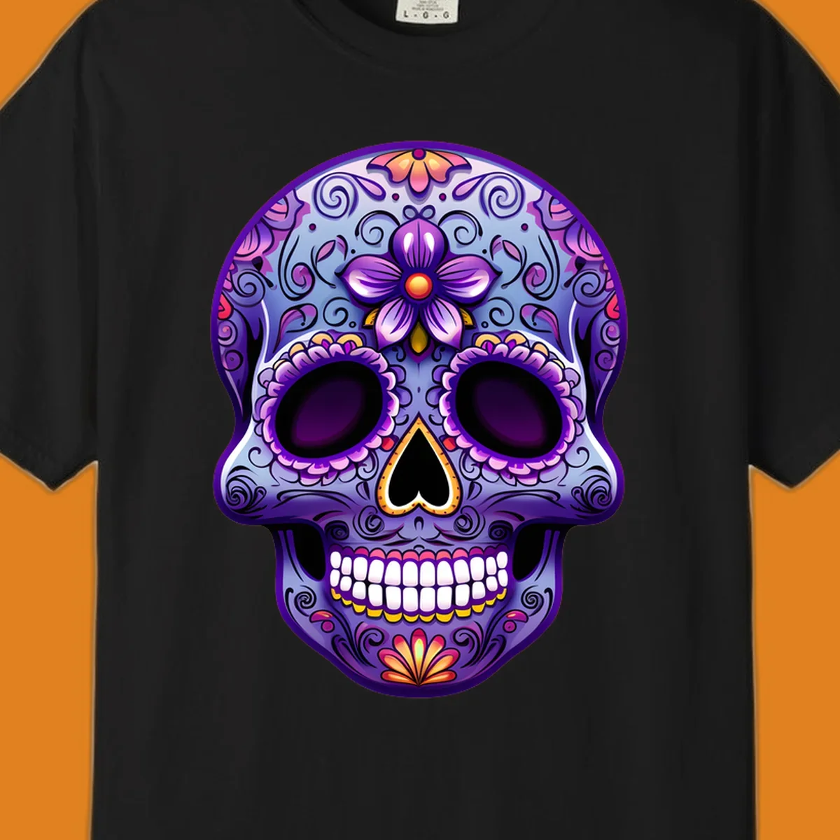 A vibrant purple and blue sugar skull illustration, adorned with pink and yellow flowers and intricate scrollwork, celebrating Day of the Dead.