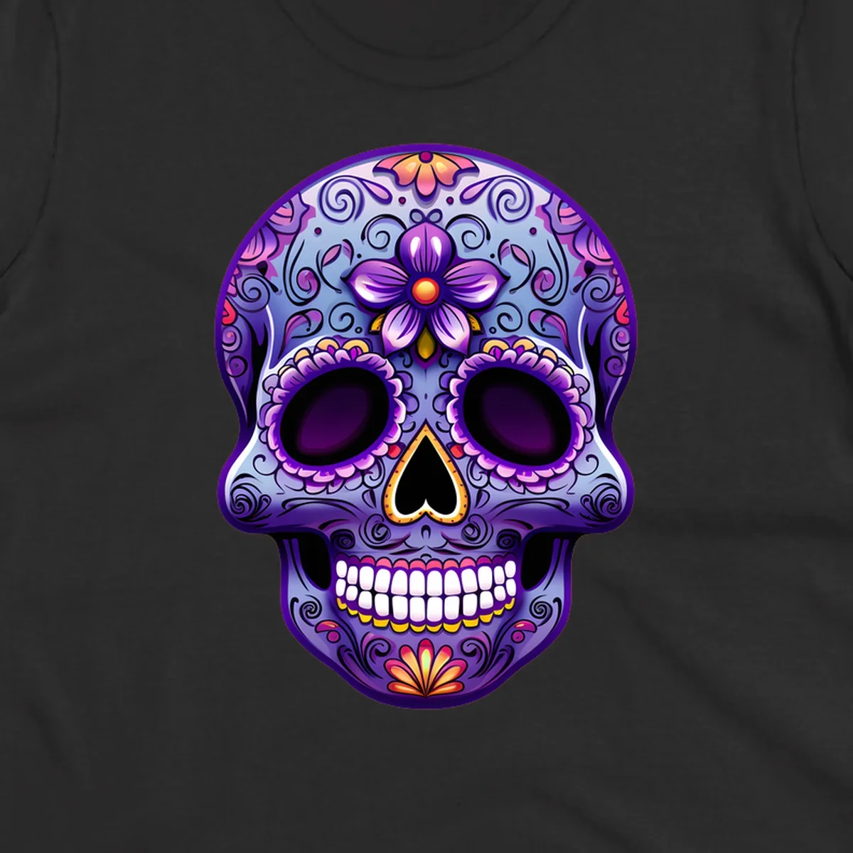 A vibrant purple and blue sugar skull illustration, adorned with pink and yellow flowers and intricate scrollwork, celebrating Day of the Dead.