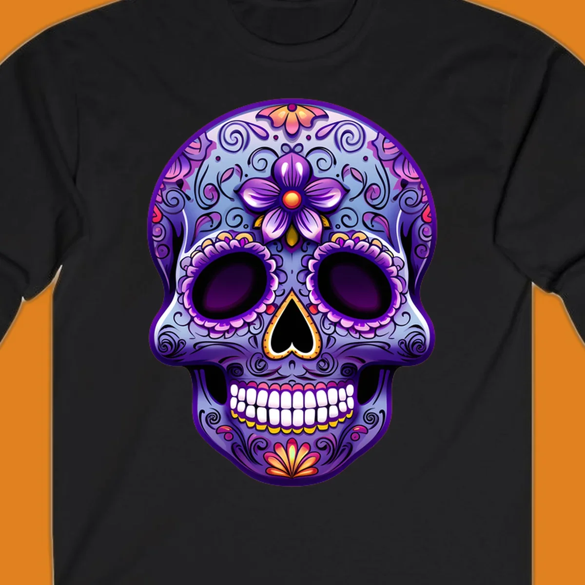 A vibrant purple and blue sugar skull illustration, adorned with pink and yellow flowers and intricate scrollwork, celebrating Day of the Dead.