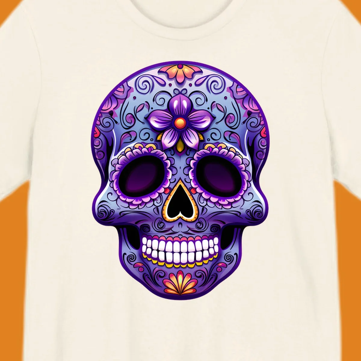 A vibrant purple and blue sugar skull illustration, adorned with pink and yellow flowers and intricate scrollwork, celebrating Day of the Dead.
