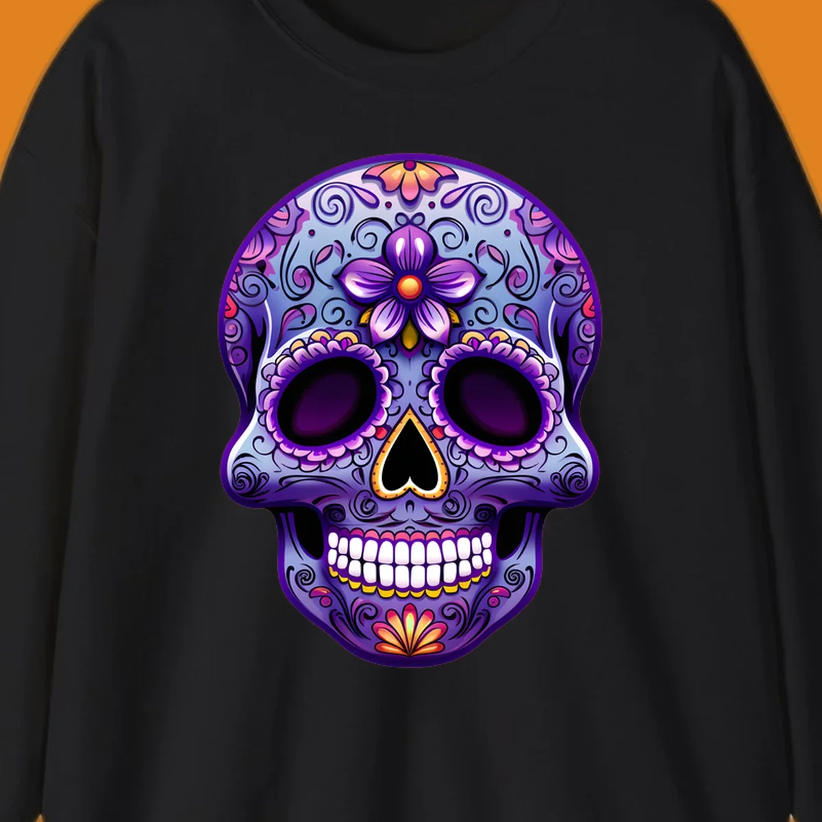 A vibrant purple and blue sugar skull illustration, adorned with pink and yellow flowers and intricate scrollwork, celebrating Day of the Dead.