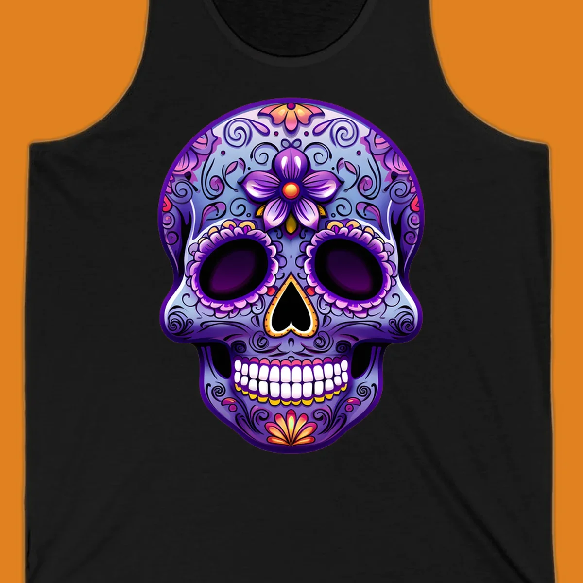 A vibrant purple and blue sugar skull illustration, adorned with pink and yellow flowers and intricate scrollwork, celebrating Day of the Dead.