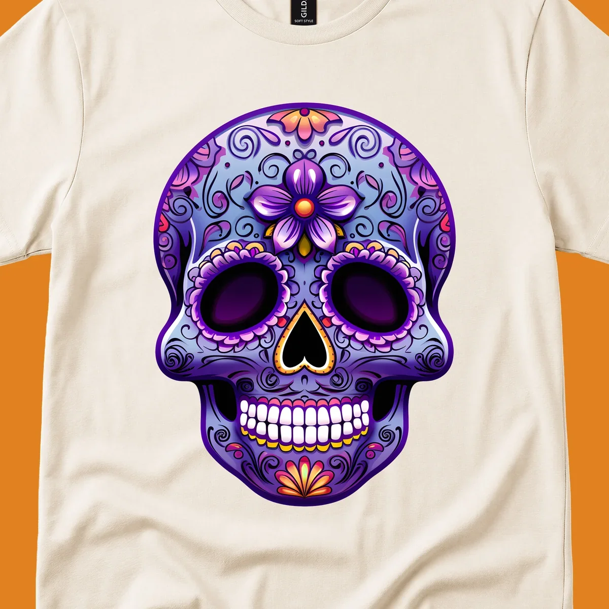 A vibrant purple and blue sugar skull illustration, adorned with pink and yellow flowers and intricate scrollwork, celebrating Day of the Dead.
