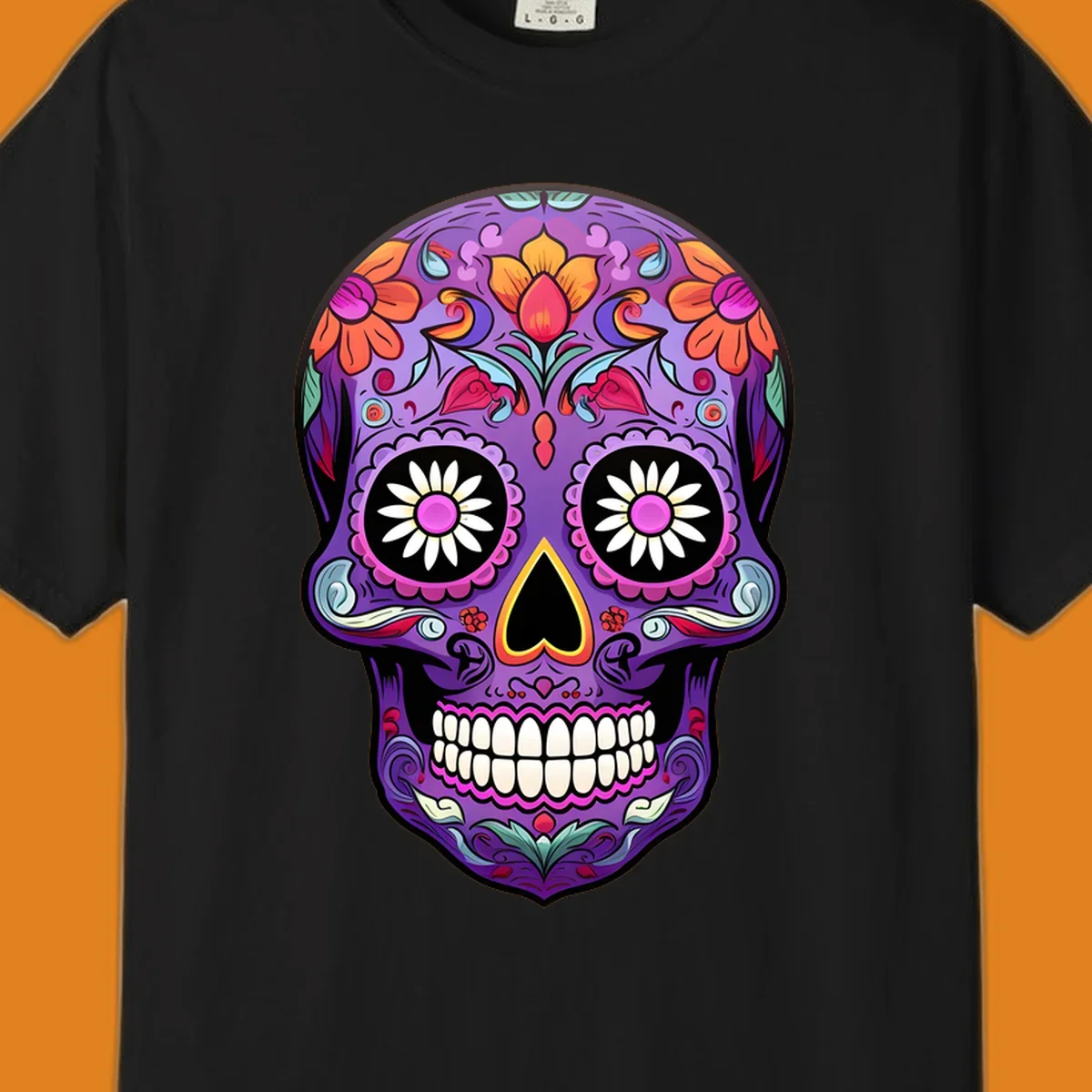 A vibrant purple calavera sugar skull adorned with intricate floral patterns in pink, orange, yellow, and blue, with flower eyes. This vibrant-floral-sugar-skull design is for apparel.