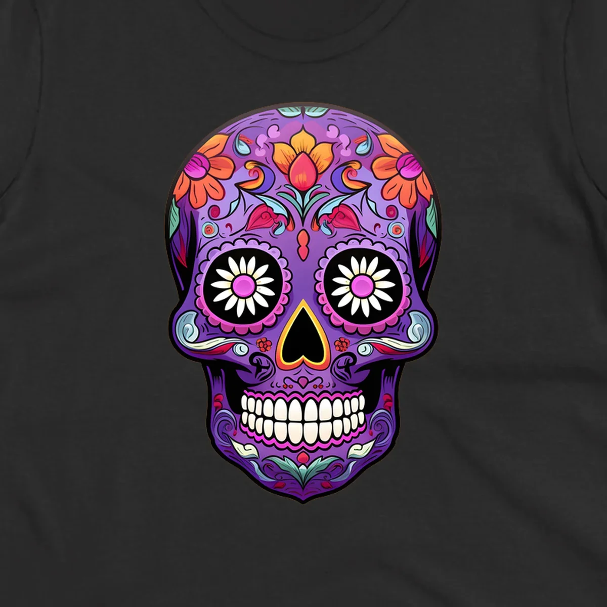 A vibrant purple calavera sugar skull adorned with intricate floral patterns in pink, orange, yellow, and blue, with flower eyes. This vibrant-floral-sugar-skull design is for apparel.