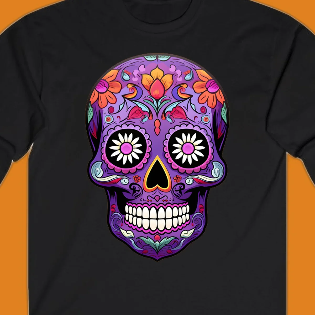 A vibrant purple calavera sugar skull adorned with intricate floral patterns in pink, orange, yellow, and blue, with flower eyes. This vibrant-floral-sugar-skull design is for apparel.