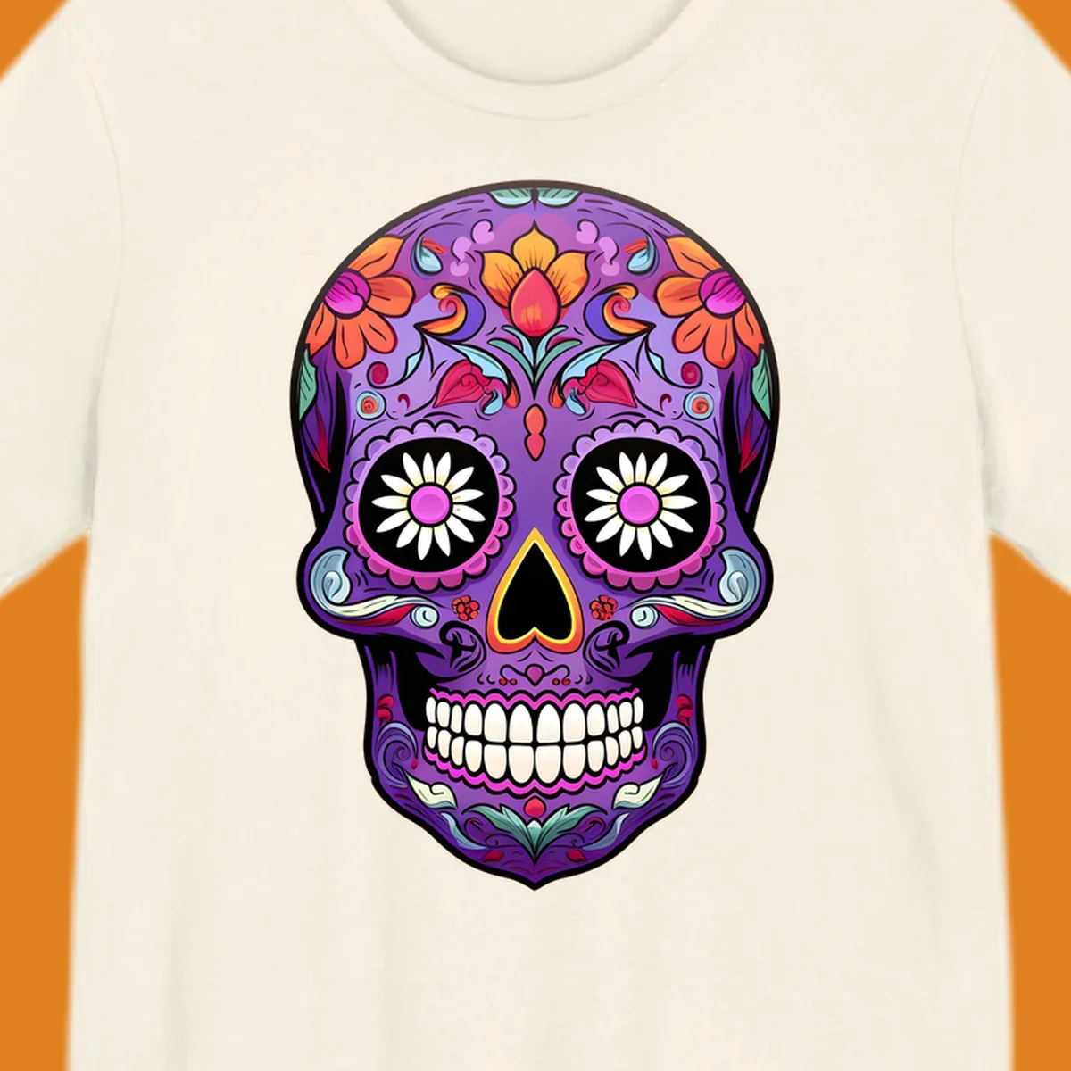A vibrant purple calavera sugar skull adorned with intricate floral patterns in pink, orange, yellow, and blue, with flower eyes. This vibrant-floral-sugar-skull design is for apparel.
