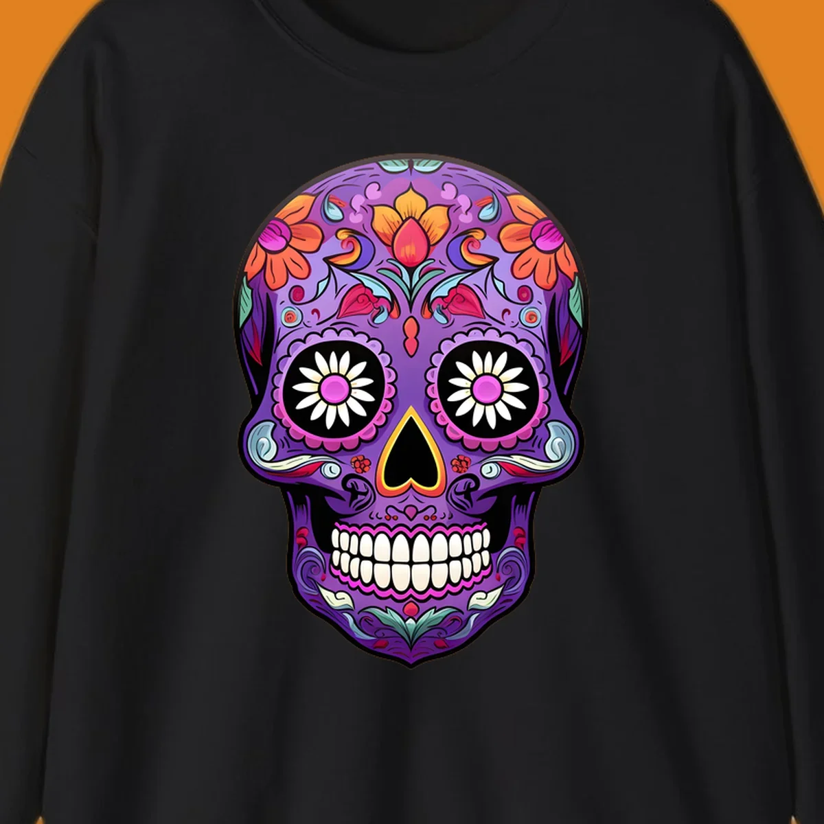 A vibrant purple calavera sugar skull adorned with intricate floral patterns in pink, orange, yellow, and blue, with flower eyes. This vibrant-floral-sugar-skull design is for apparel.