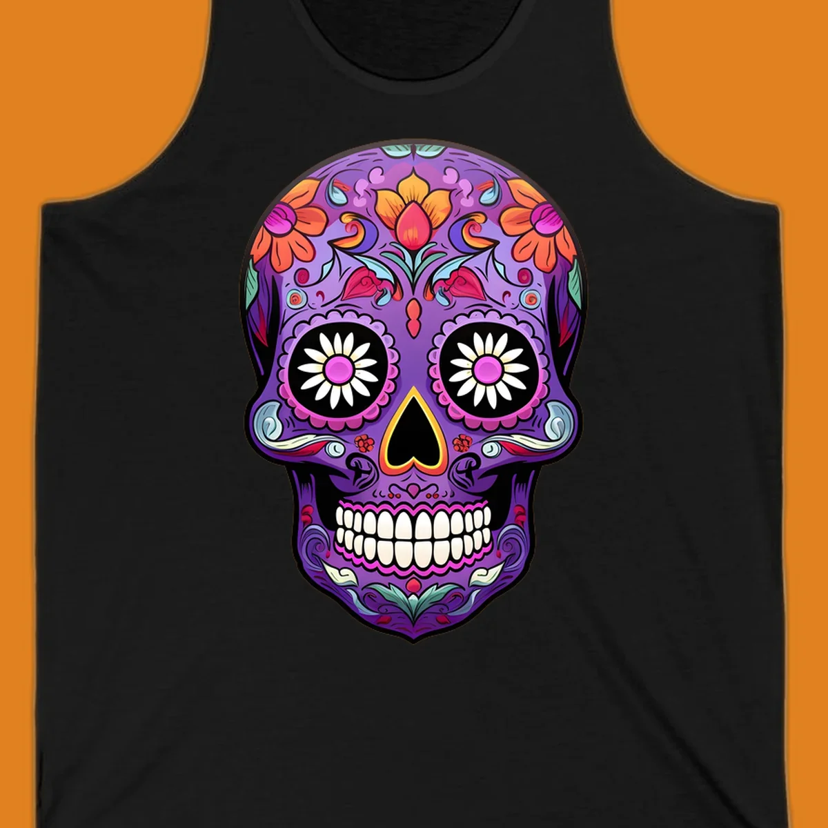A vibrant purple calavera sugar skull adorned with intricate floral patterns in pink, orange, yellow, and blue, with flower eyes. This vibrant-floral-sugar-skull design is for apparel.