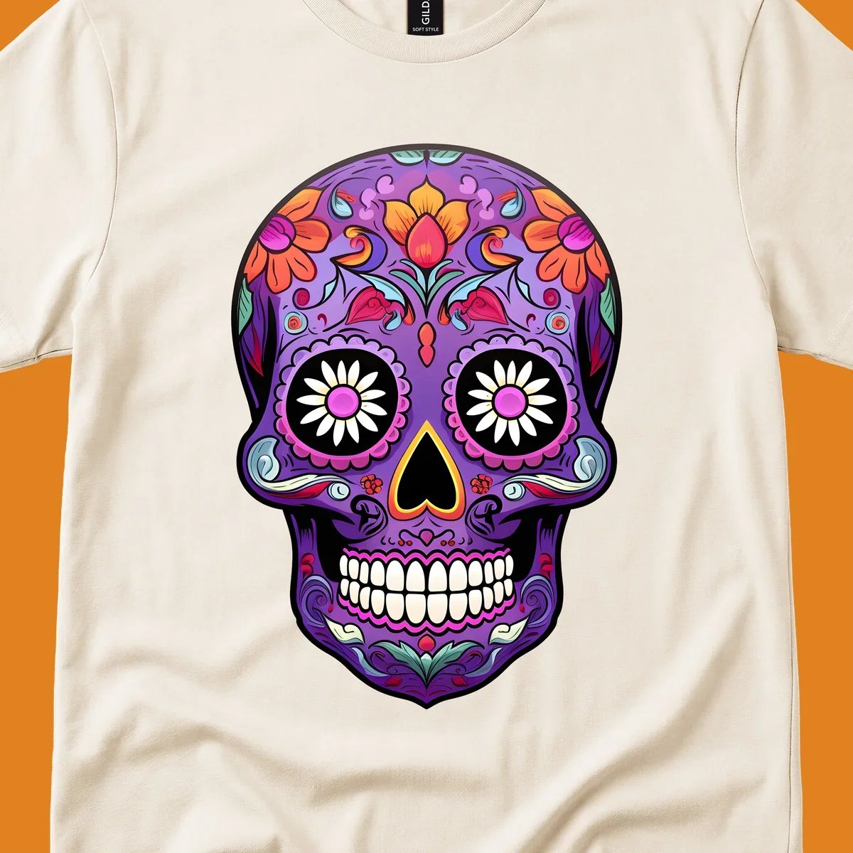A vibrant purple calavera sugar skull adorned with intricate floral patterns in pink, orange, yellow, and blue, with flower eyes. This vibrant-floral-sugar-skull design is for apparel.