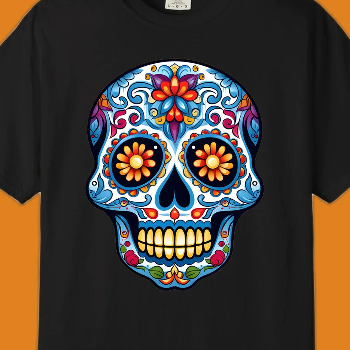 A vibrant floral calavera skull illustration, intricately decorated with colorful flowers and ornate scrolls.