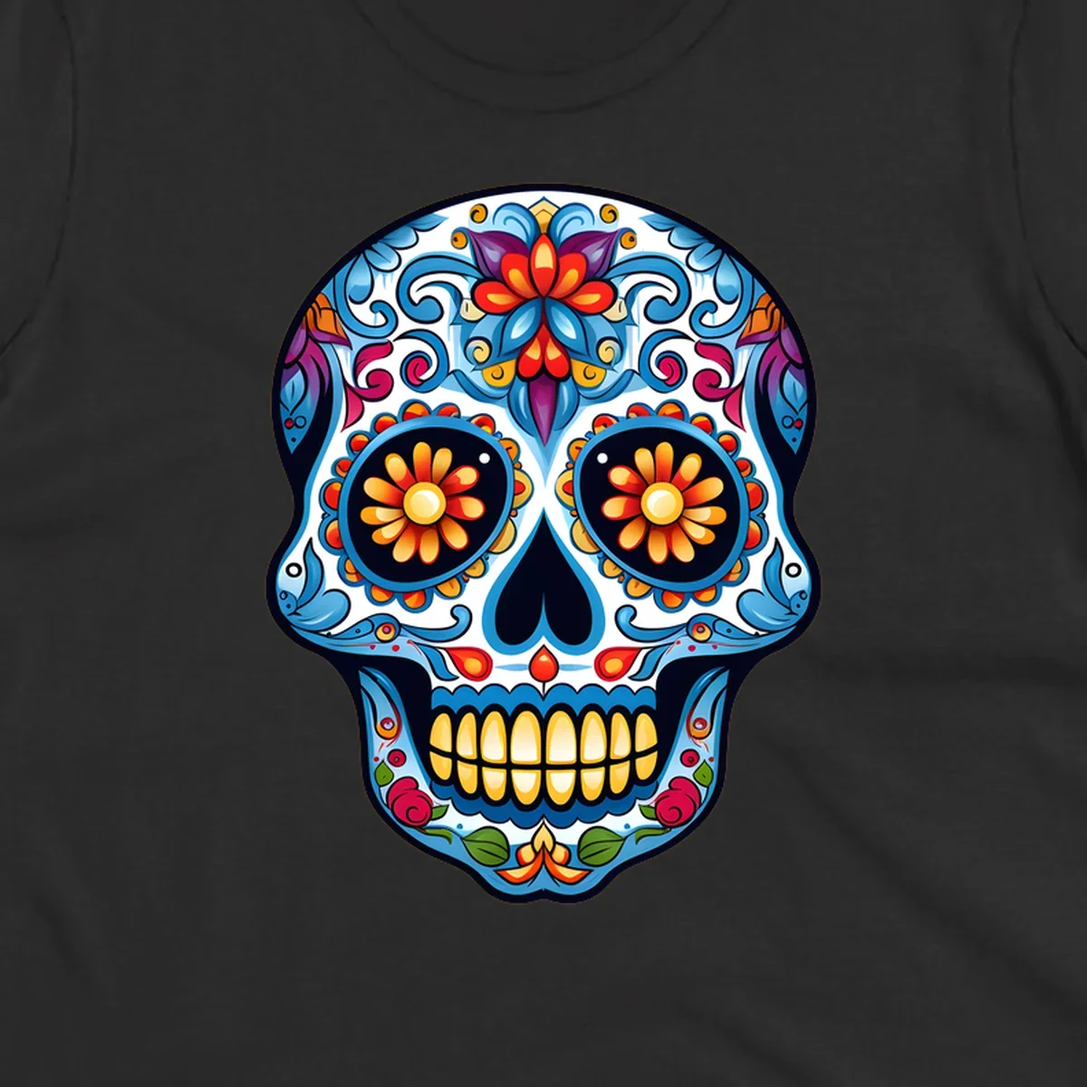 A vibrant floral calavera skull illustration, intricately decorated with colorful flowers and ornate scrolls.