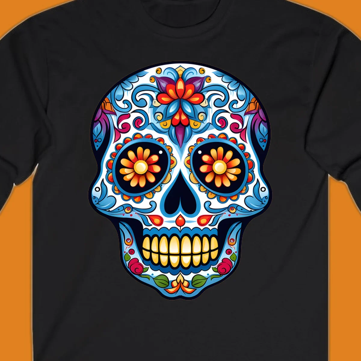 A vibrant floral calavera skull illustration, intricately decorated with colorful flowers and ornate scrolls.
