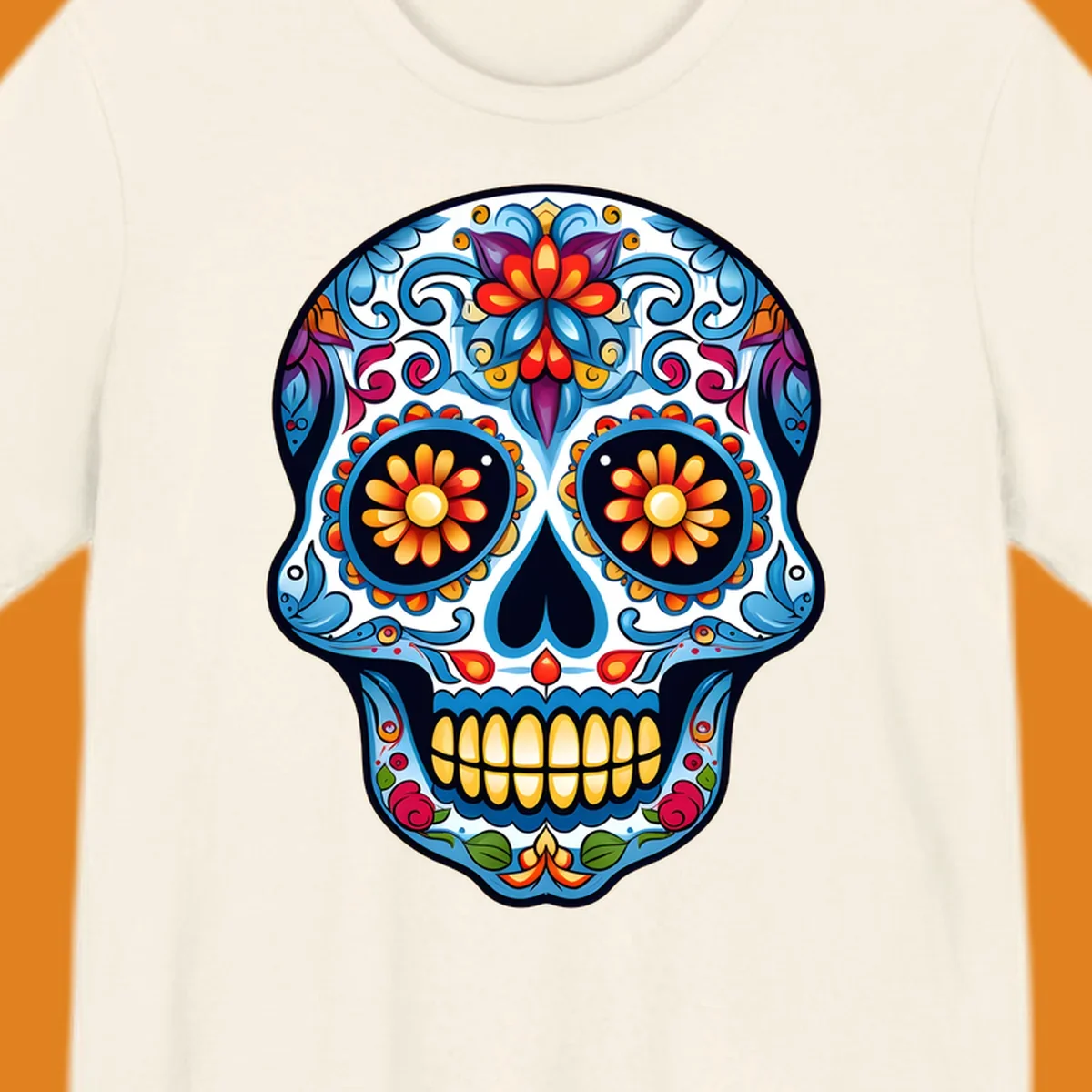 A vibrant floral calavera skull illustration, intricately decorated with colorful flowers and ornate scrolls.