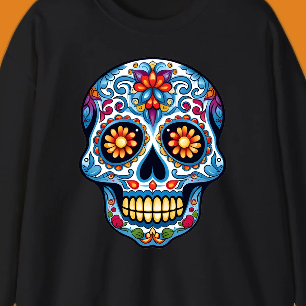 A vibrant floral calavera skull illustration, intricately decorated with colorful flowers and ornate scrolls.