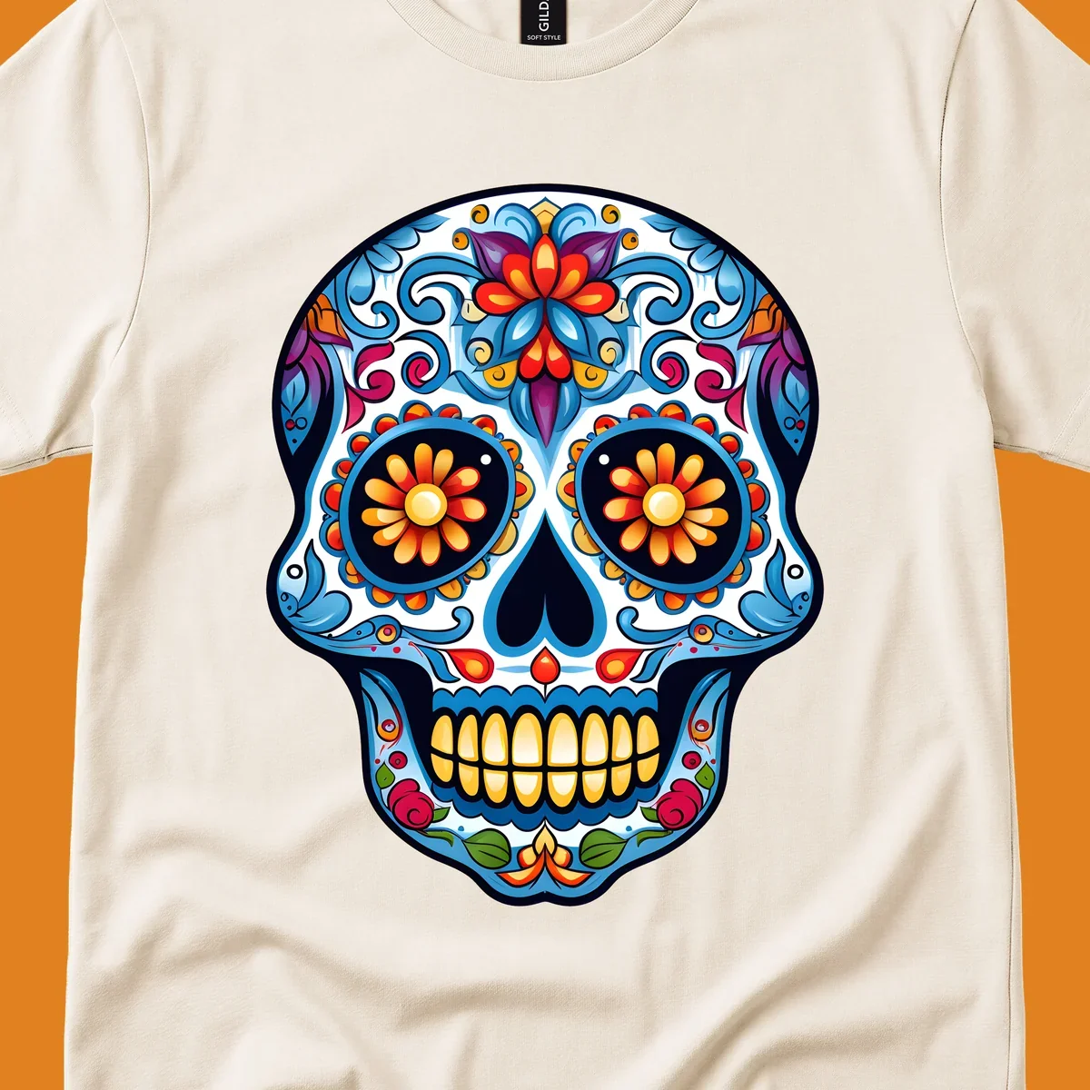 A vibrant floral calavera skull illustration, intricately decorated with colorful flowers and ornate scrolls.