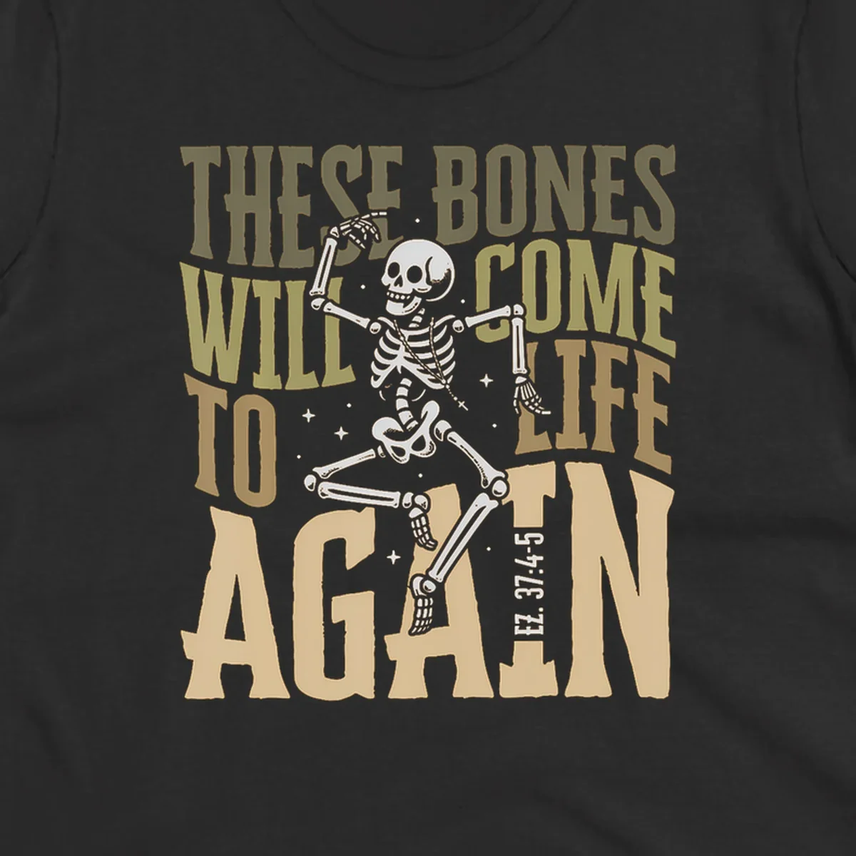 Dancing skeleton illustration with text 'These Bones Will Come To Life Again', representing the bones come to life concept.