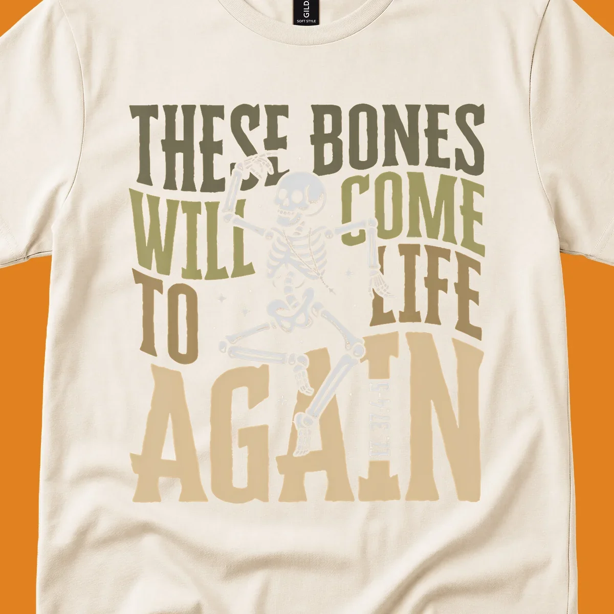Dancing skeleton illustration with text 'These Bones Will Come To Life Again', representing the bones come to life concept.