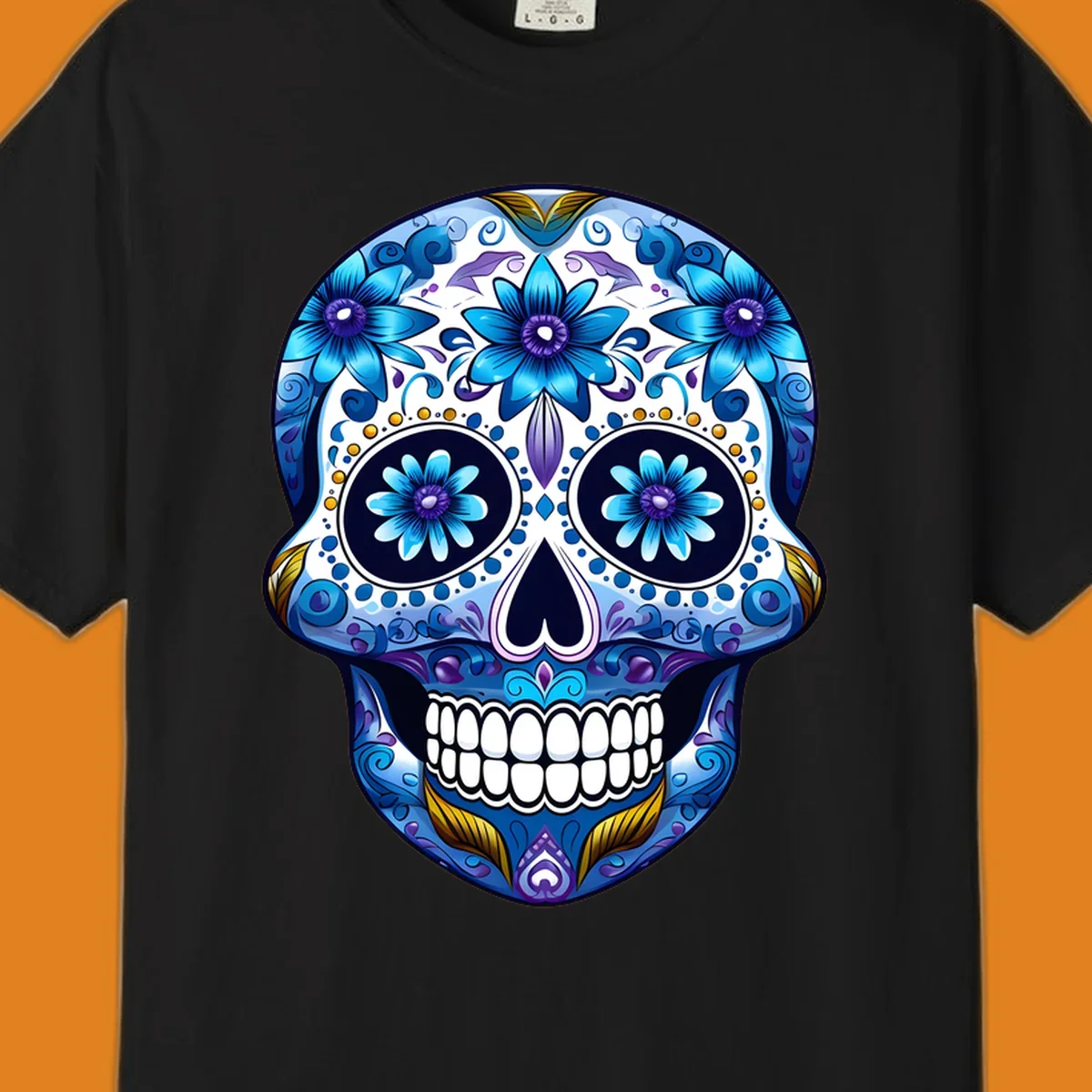 A vibrant blue floral calavera sugar skull illustration with intricate patterns, white teeth, and gold accents.