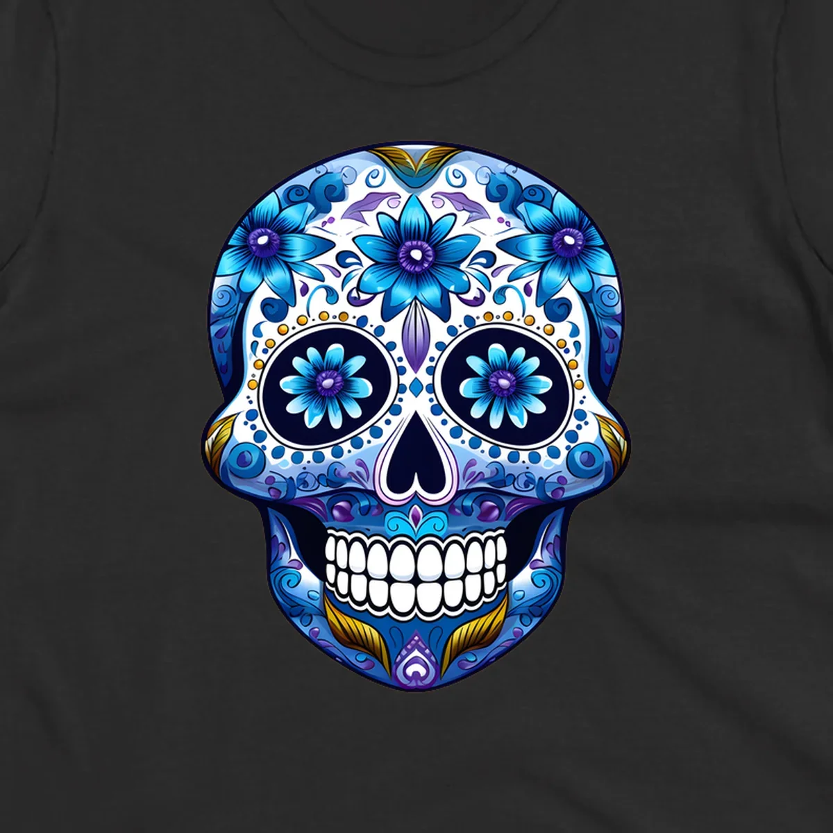 A vibrant blue floral calavera sugar skull illustration with intricate patterns, white teeth, and gold accents.