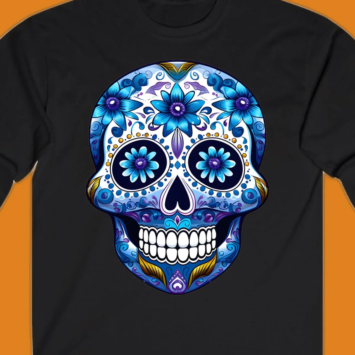 A vibrant blue floral calavera sugar skull illustration with intricate patterns, white teeth, and gold accents.