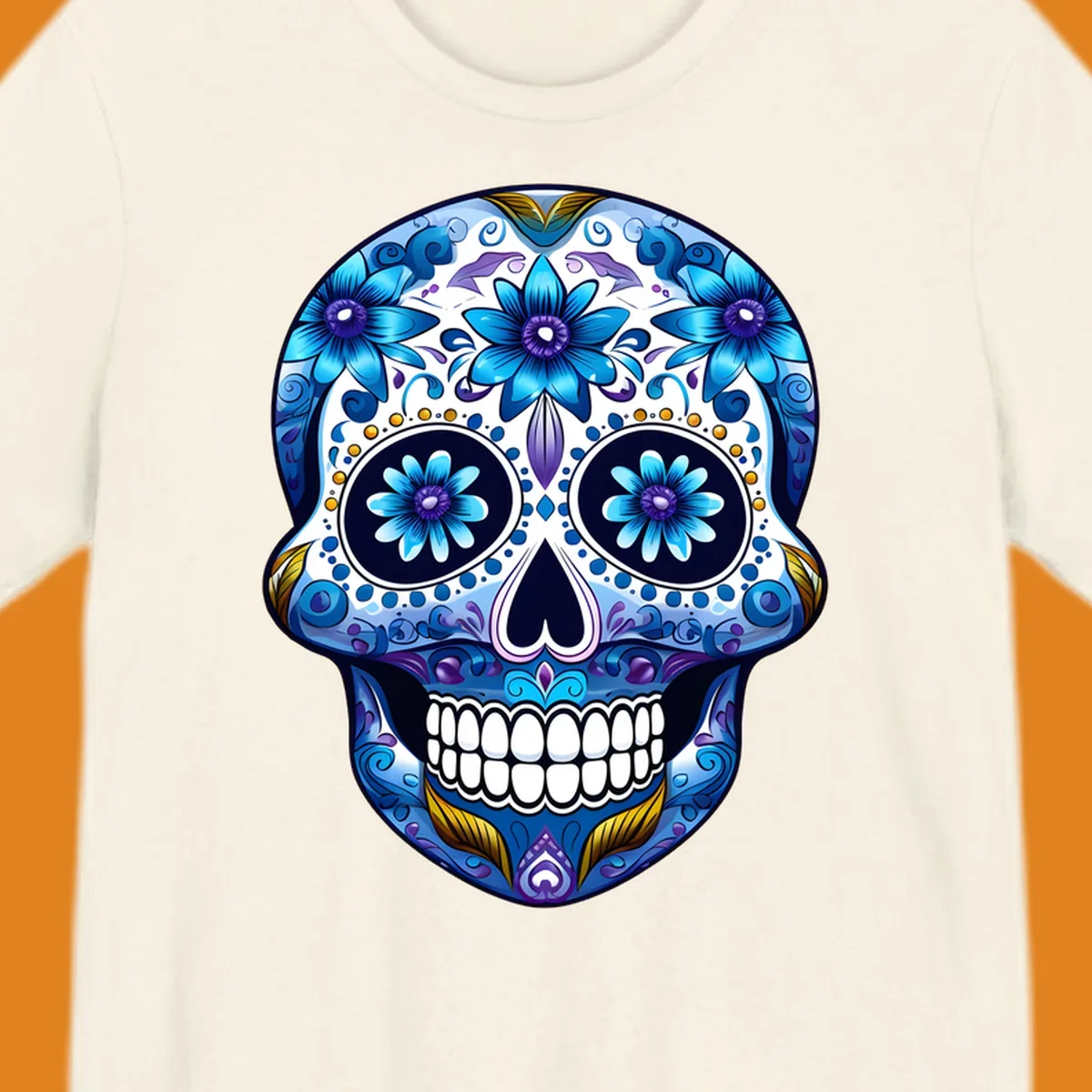 A vibrant blue floral calavera sugar skull illustration with intricate patterns, white teeth, and gold accents.