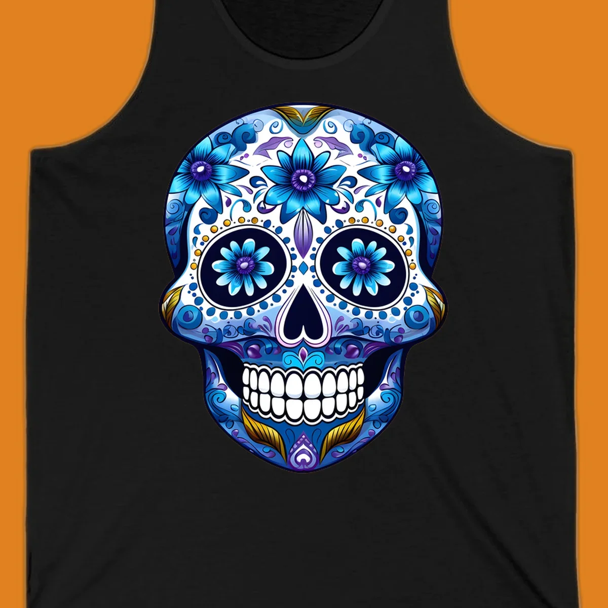A vibrant blue floral calavera sugar skull illustration with intricate patterns, white teeth, and gold accents.
