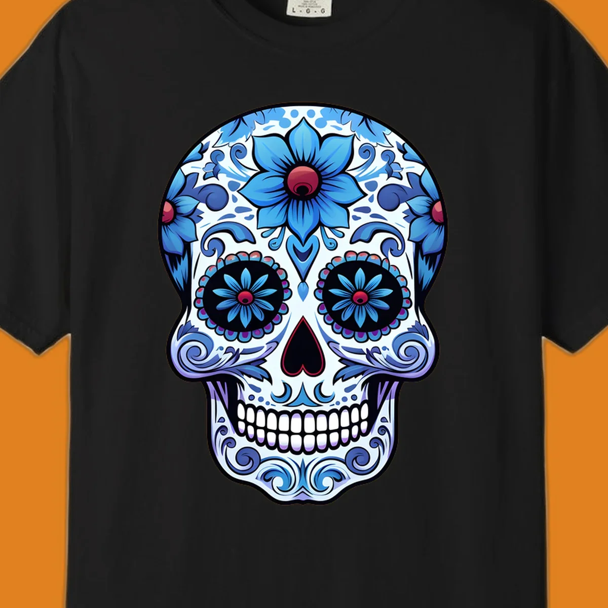 An intricately decorated blue floral sugar skull, featuring prominent blue flowers and swirling patterns. This blue-floral-sugar-skull is highly stylized.