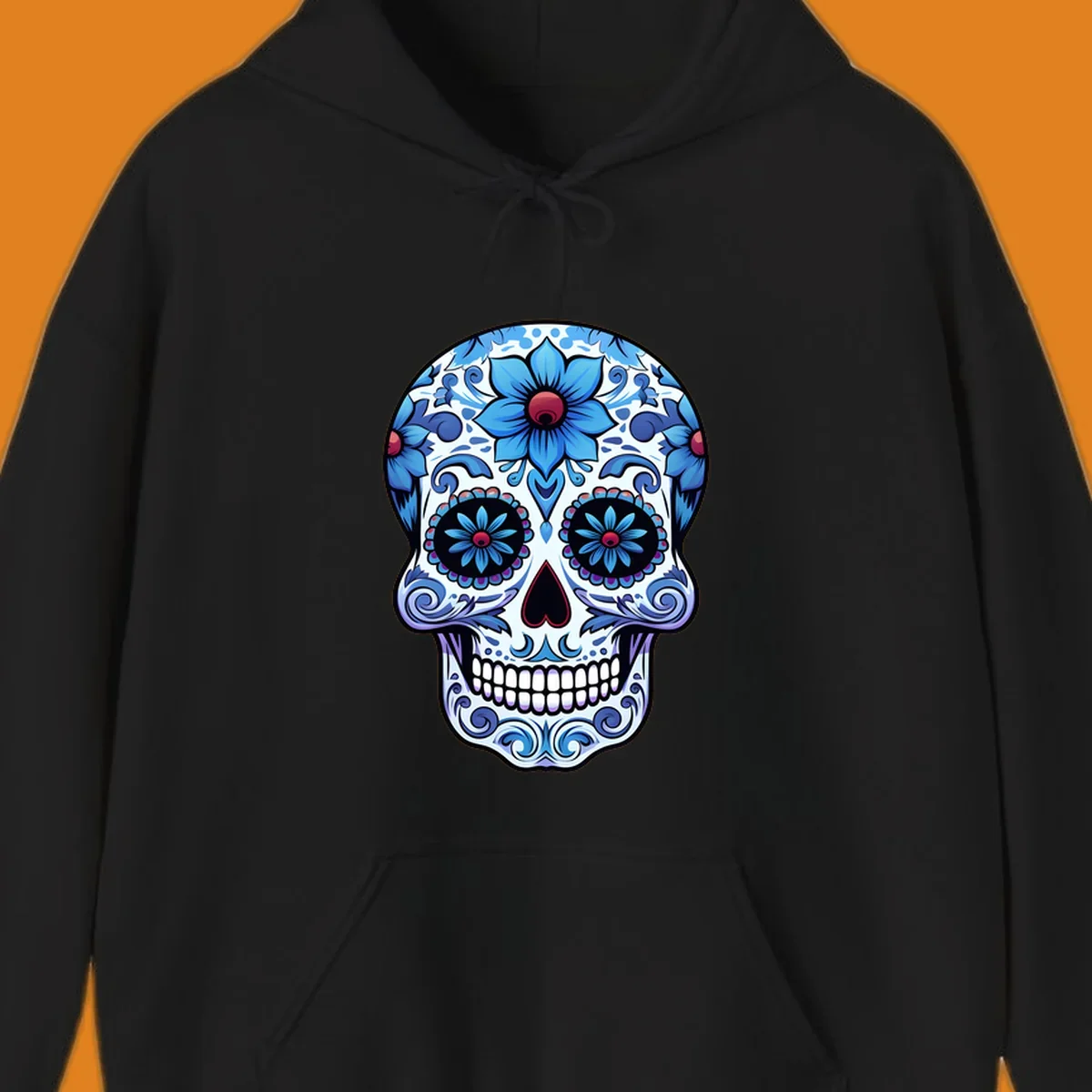 An intricately decorated blue floral sugar skull, featuring prominent blue flowers and swirling patterns. This blue-floral-sugar-skull is highly stylized.