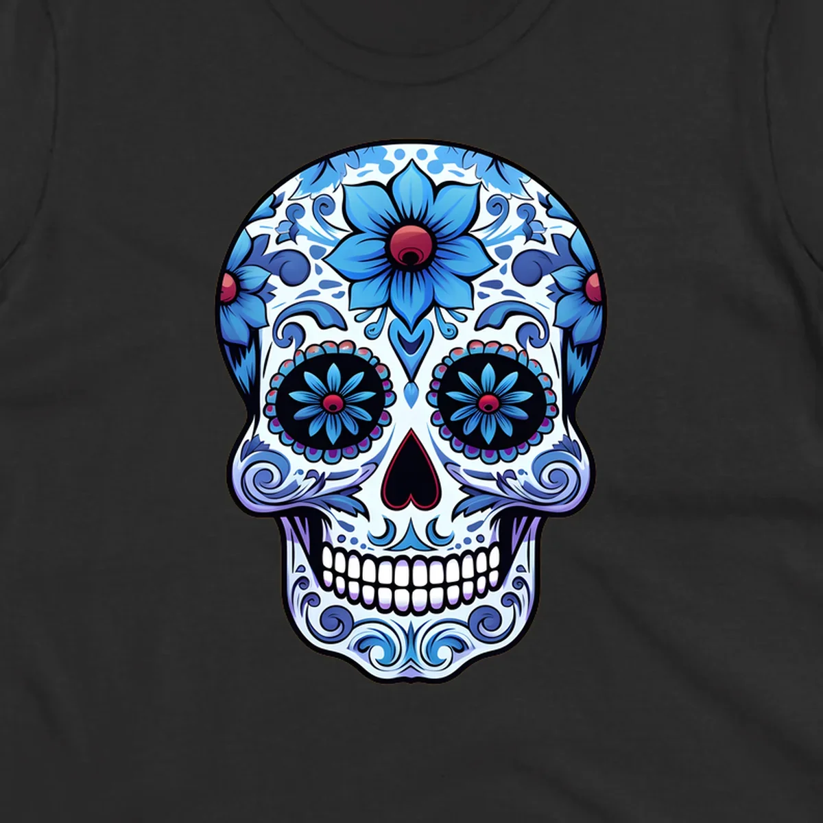 An intricately decorated blue floral sugar skull, featuring prominent blue flowers and swirling patterns. This blue-floral-sugar-skull is highly stylized.