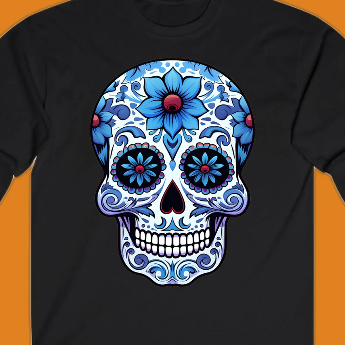 An intricately decorated blue floral sugar skull, featuring prominent blue flowers and swirling patterns. This blue-floral-sugar-skull is highly stylized.