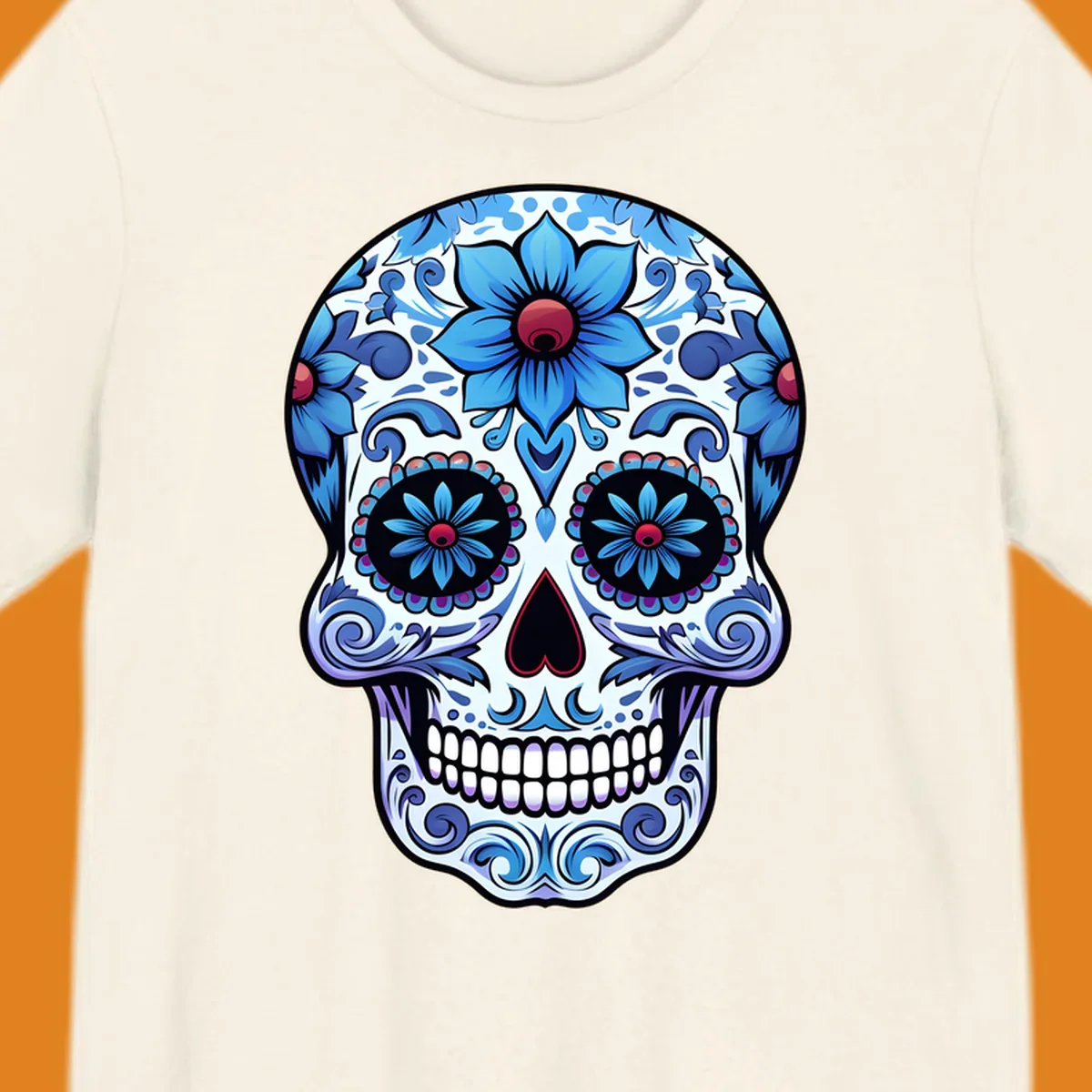 An intricately decorated blue floral sugar skull, featuring prominent blue flowers and swirling patterns. This blue-floral-sugar-skull is highly stylized.