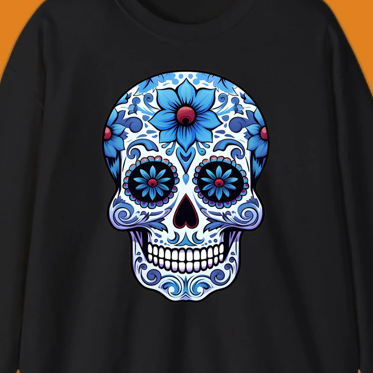 An intricately decorated blue floral sugar skull, featuring prominent blue flowers and swirling patterns. This blue-floral-sugar-skull is highly stylized.
