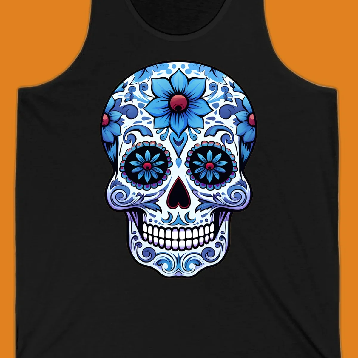 An intricately decorated blue floral sugar skull, featuring prominent blue flowers and swirling patterns. This blue-floral-sugar-skull is highly stylized.