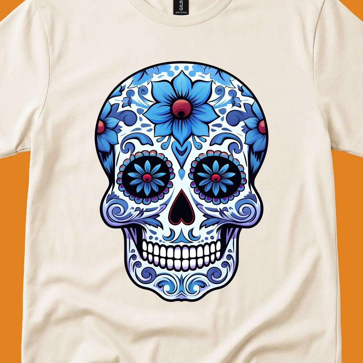 An intricately decorated blue floral sugar skull, featuring prominent blue flowers and swirling patterns. This blue-floral-sugar-skull is highly stylized.