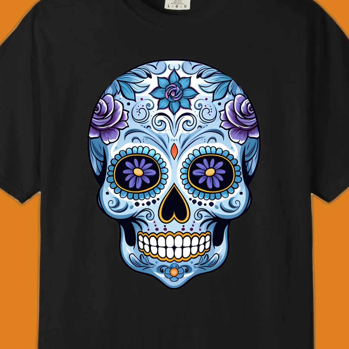 An ornate blue and purple floral calavera sugar skull illustration with intricate swirls and flower details.