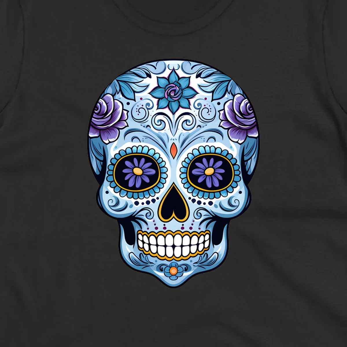 An ornate blue and purple floral calavera sugar skull illustration with intricate swirls and flower details.