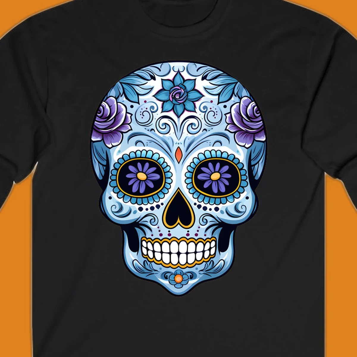 An ornate blue and purple floral calavera sugar skull illustration with intricate swirls and flower details.