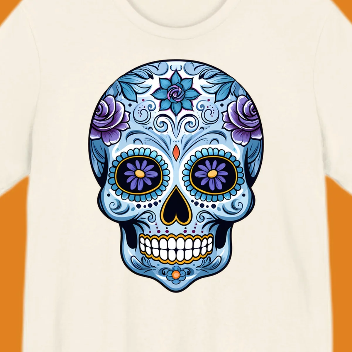 An ornate blue and purple floral calavera sugar skull illustration with intricate swirls and flower details.