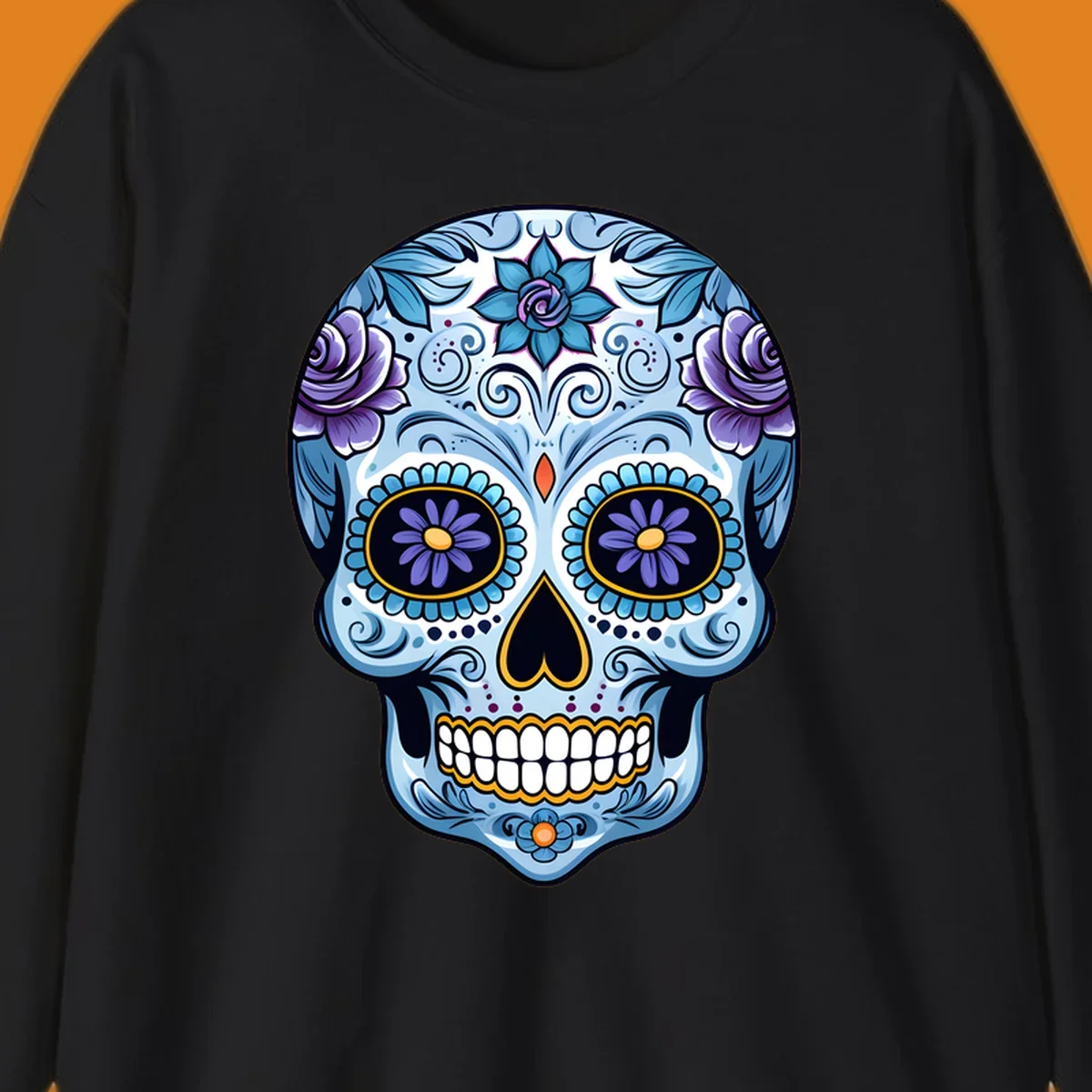 An ornate blue and purple floral calavera sugar skull illustration with intricate swirls and flower details.
