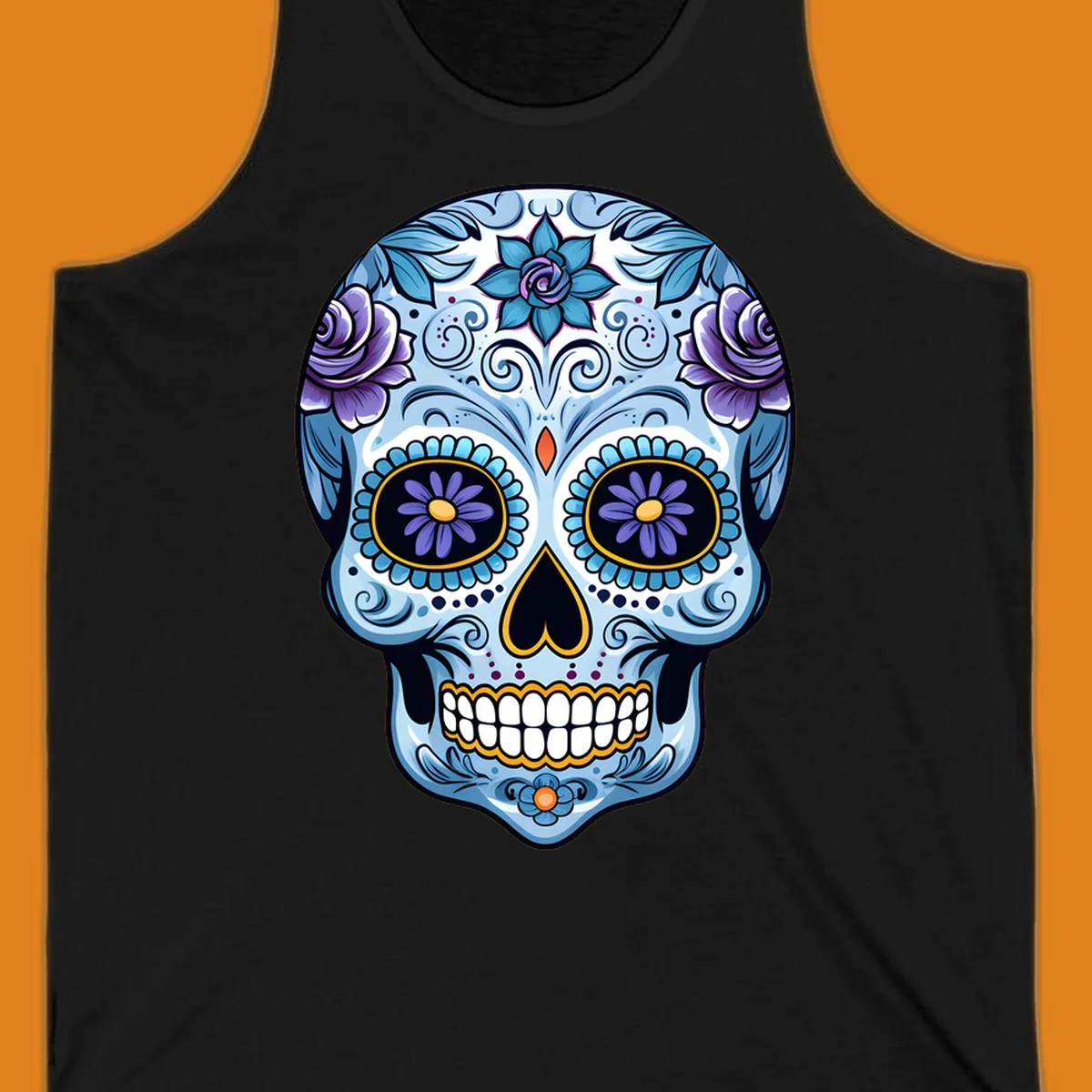 An ornate blue and purple floral calavera sugar skull illustration with intricate swirls and flower details.