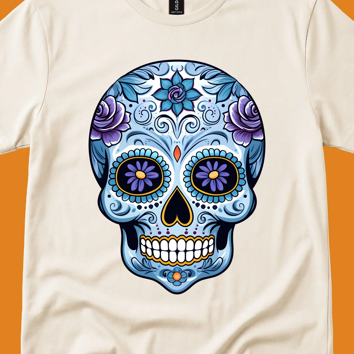 An ornate blue and purple floral calavera sugar skull illustration with intricate swirls and flower details.