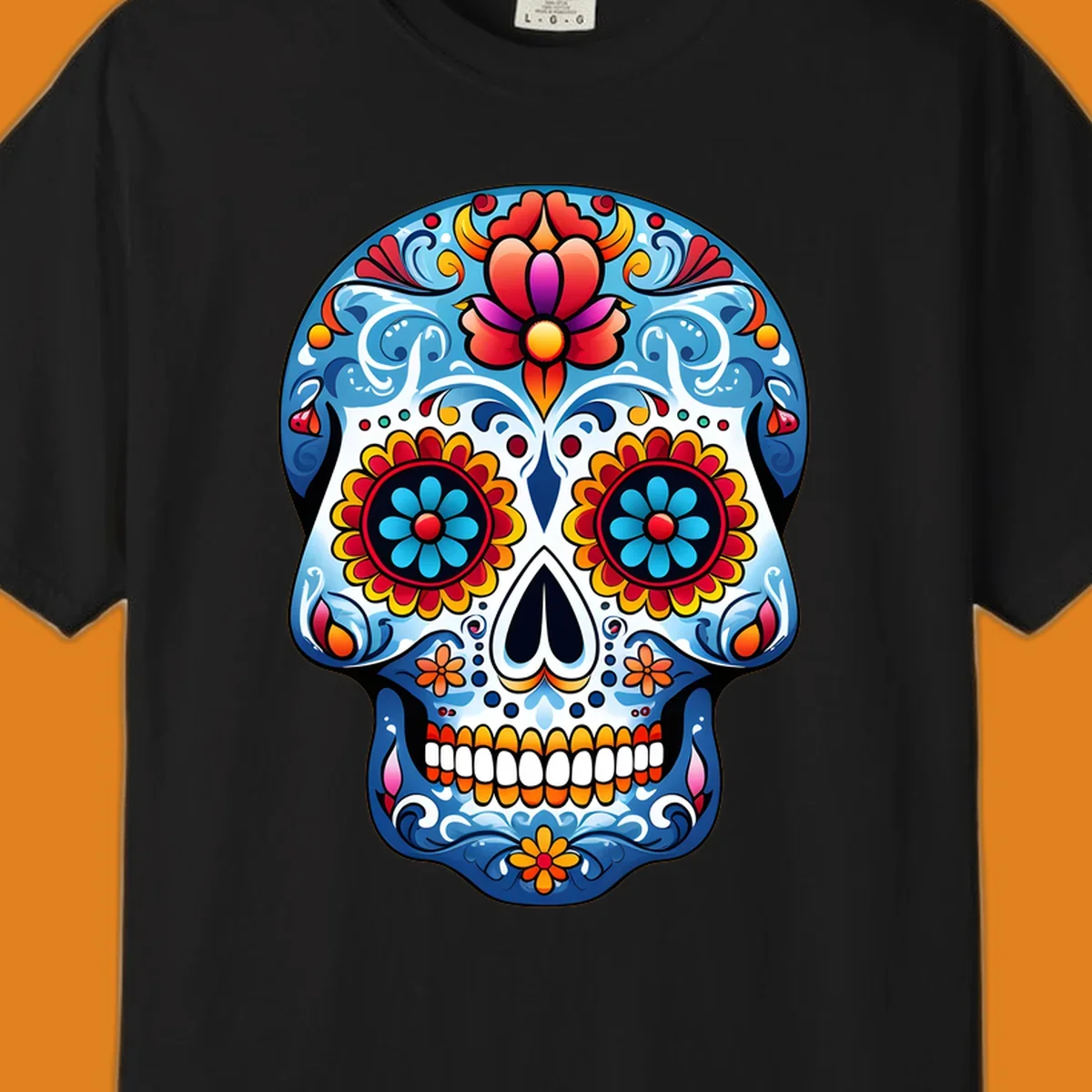 A highly detailed, vibrant floral sugar skull illustration in shades of blue, red, orange, yellow, and pink.