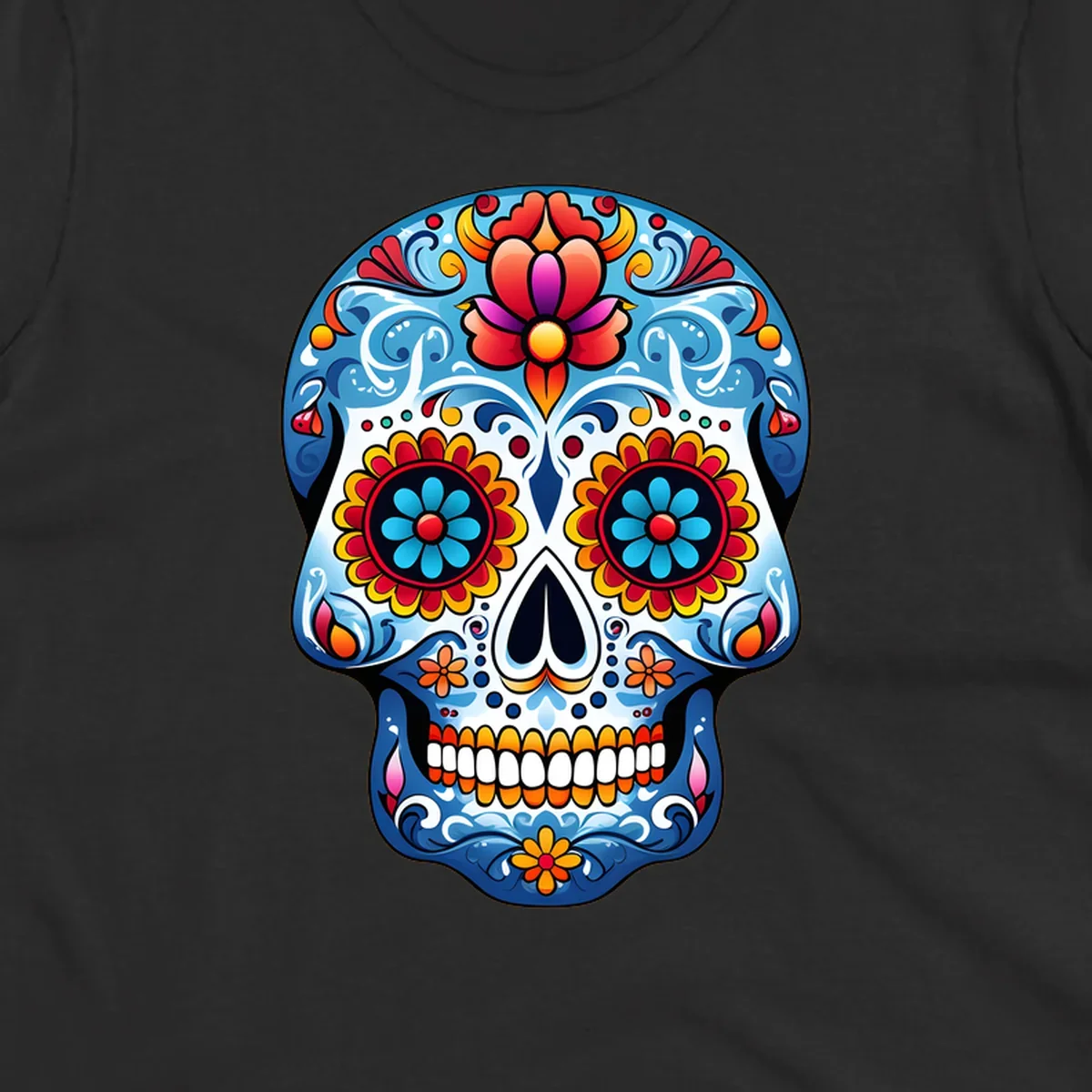 A highly detailed, vibrant floral sugar skull illustration in shades of blue, red, orange, yellow, and pink.