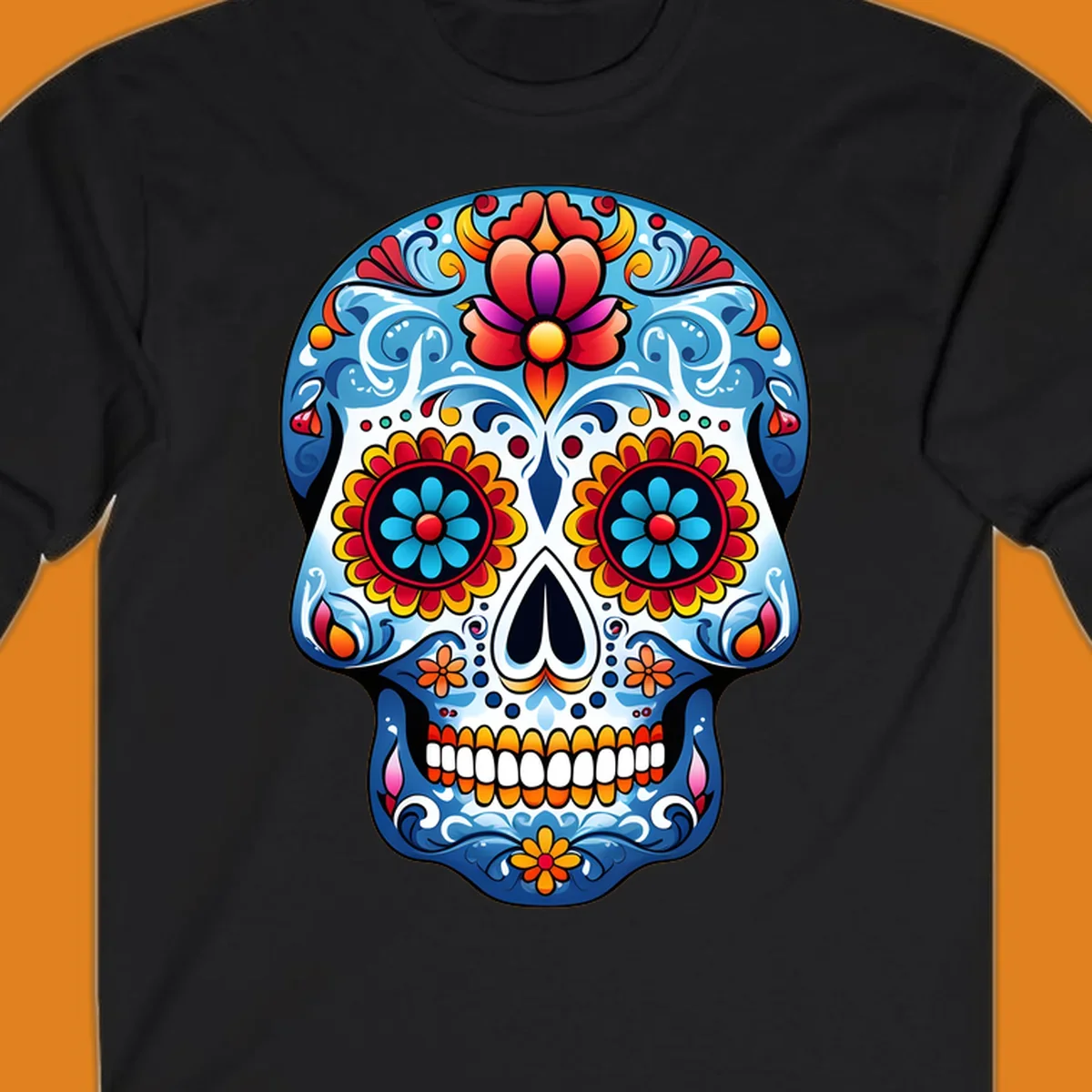 A highly detailed, vibrant floral sugar skull illustration in shades of blue, red, orange, yellow, and pink.